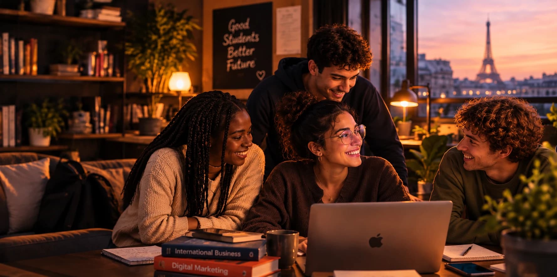 Des étudiants réunis autour d'un ordinateur, dans un appartement avec vue sur la tour Eiffel